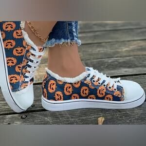 New Pumpkin Denim Canvas Sneakers Halloween Fall Shoes Casual Lace up Orange